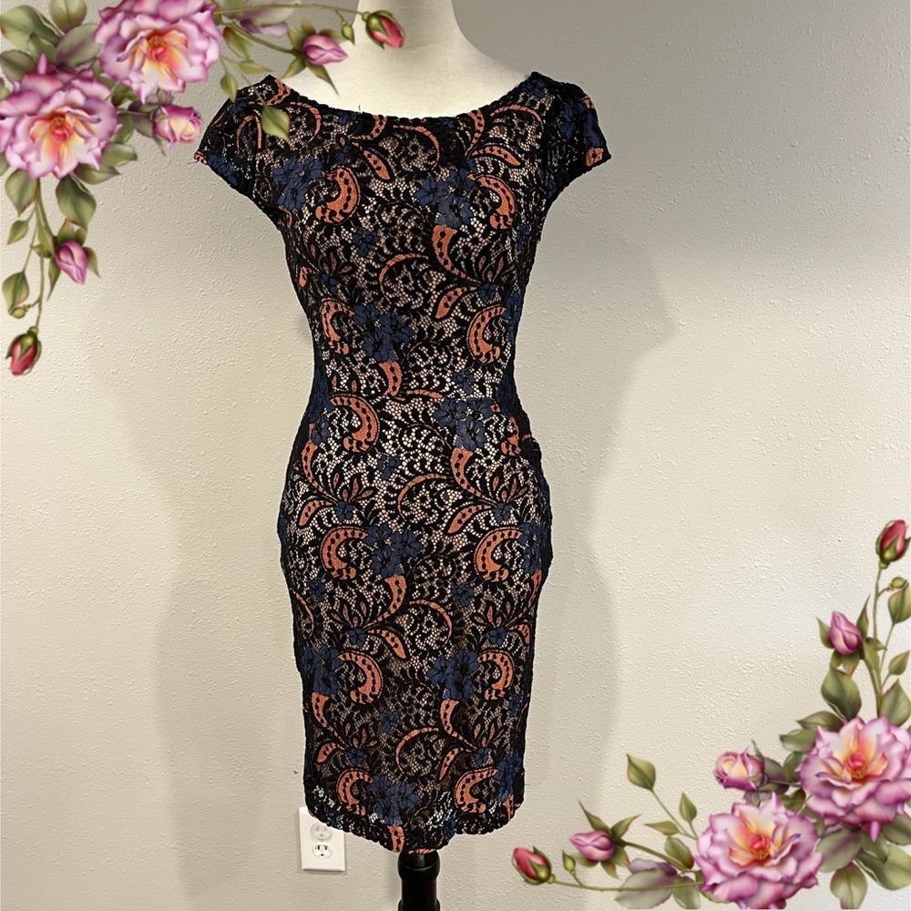 Mystic Black and Orange lace Sheath Midi Dress with Cap Sleeves size extra small